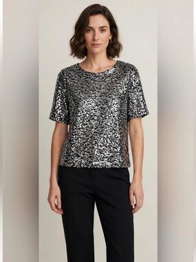 H&M Black and Silver Sequin Short Sleeve Top